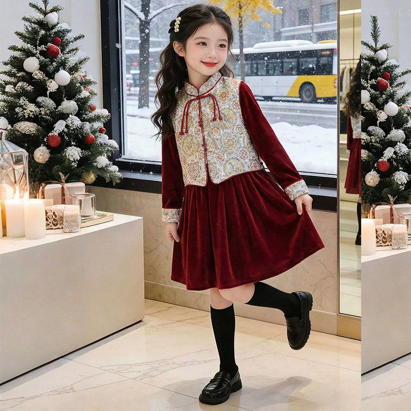 女童连衣裙冬季2026新款洋气儿童过年喜庆马甲两件套冬装女孩年服,童装/婴儿装/亲子装,汉服,淘宝优惠券,粉丝福利购,淘宝优惠卷