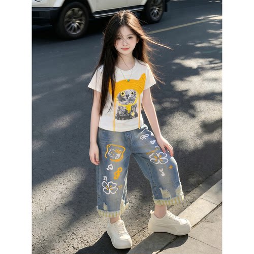 女童夏季薄款七分裤2026新款儿童牛仔裤小女孩夏季超好看裤子套装