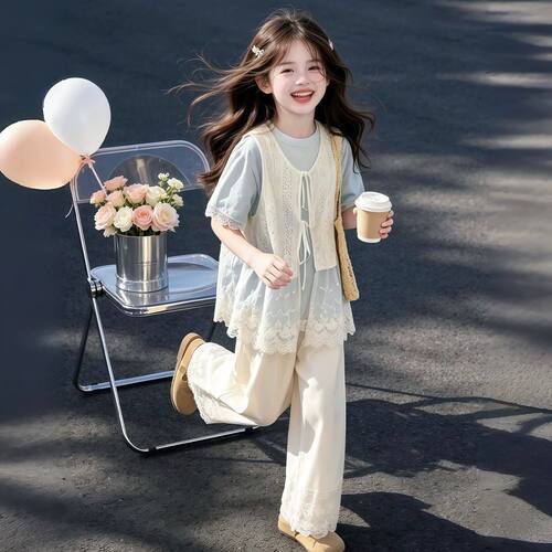 女童韩系马甲阔腿裤套装2026新款初中生女孩夏季学院风短袖三件套