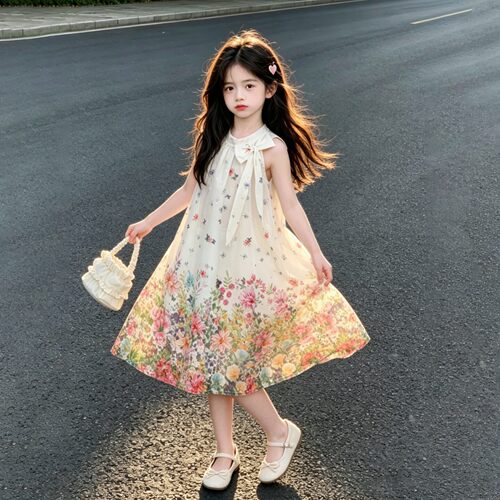 女童挂脖无袖连衣裙2026夏季新款连衣裙洋气设计感女童公主碎花裙