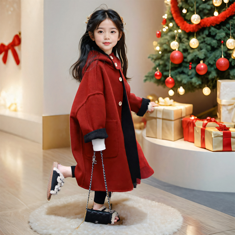 女童秋冬款外套2025款大童呢子儿童双面羊绒加厚大衣送礼红色年服