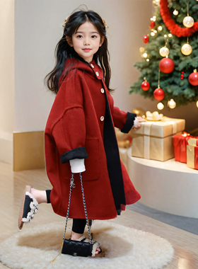 女童秋冬款外套2025款大童呢子儿童双面羊绒加厚大衣送礼红色年服