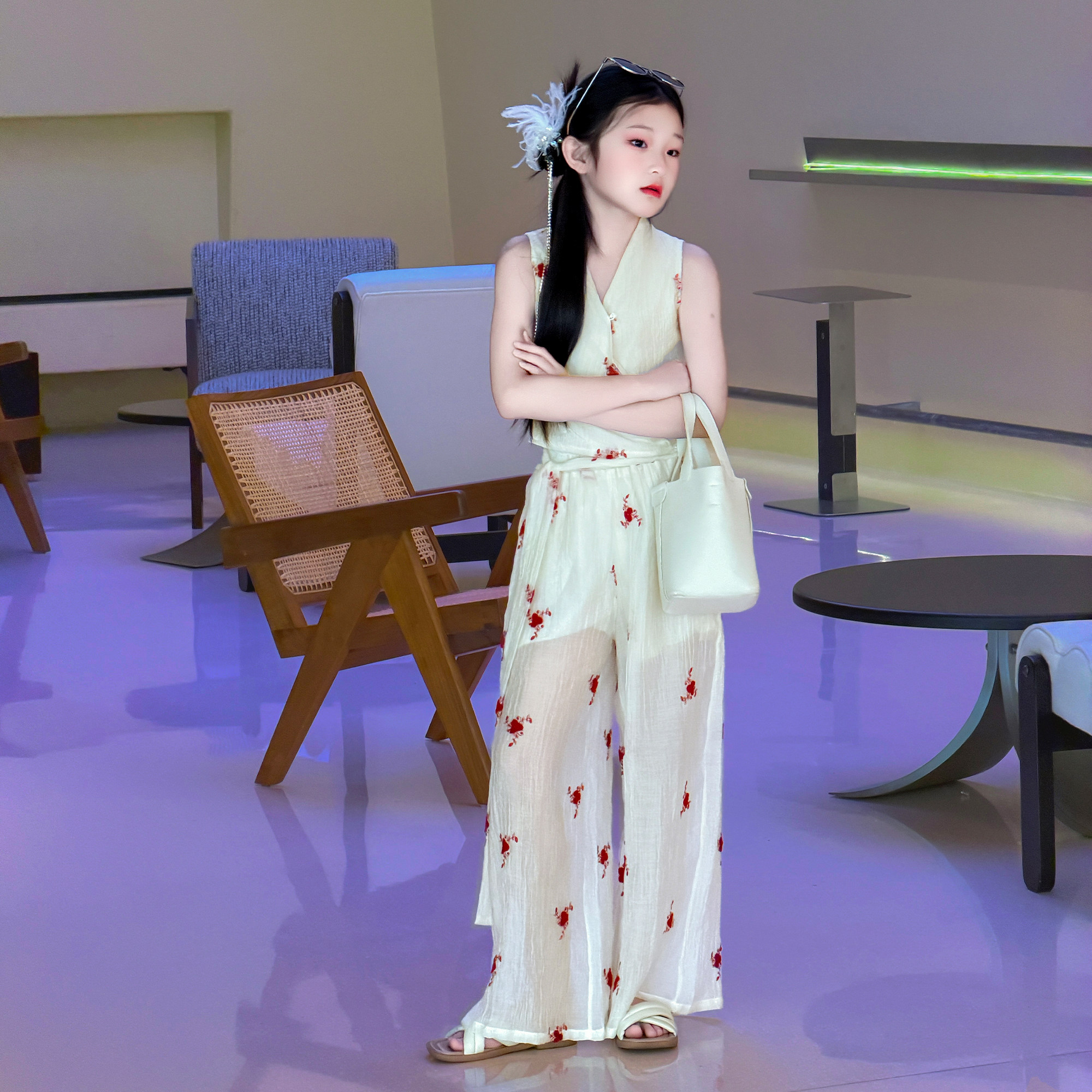 女童中式雪纺国风背心套装2026夏季新款中大童儿童阔腿长裤两件套