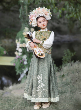 新中式女童马面裙套装新款绿色刺绣高端国风汉元素儿童唐装演出服