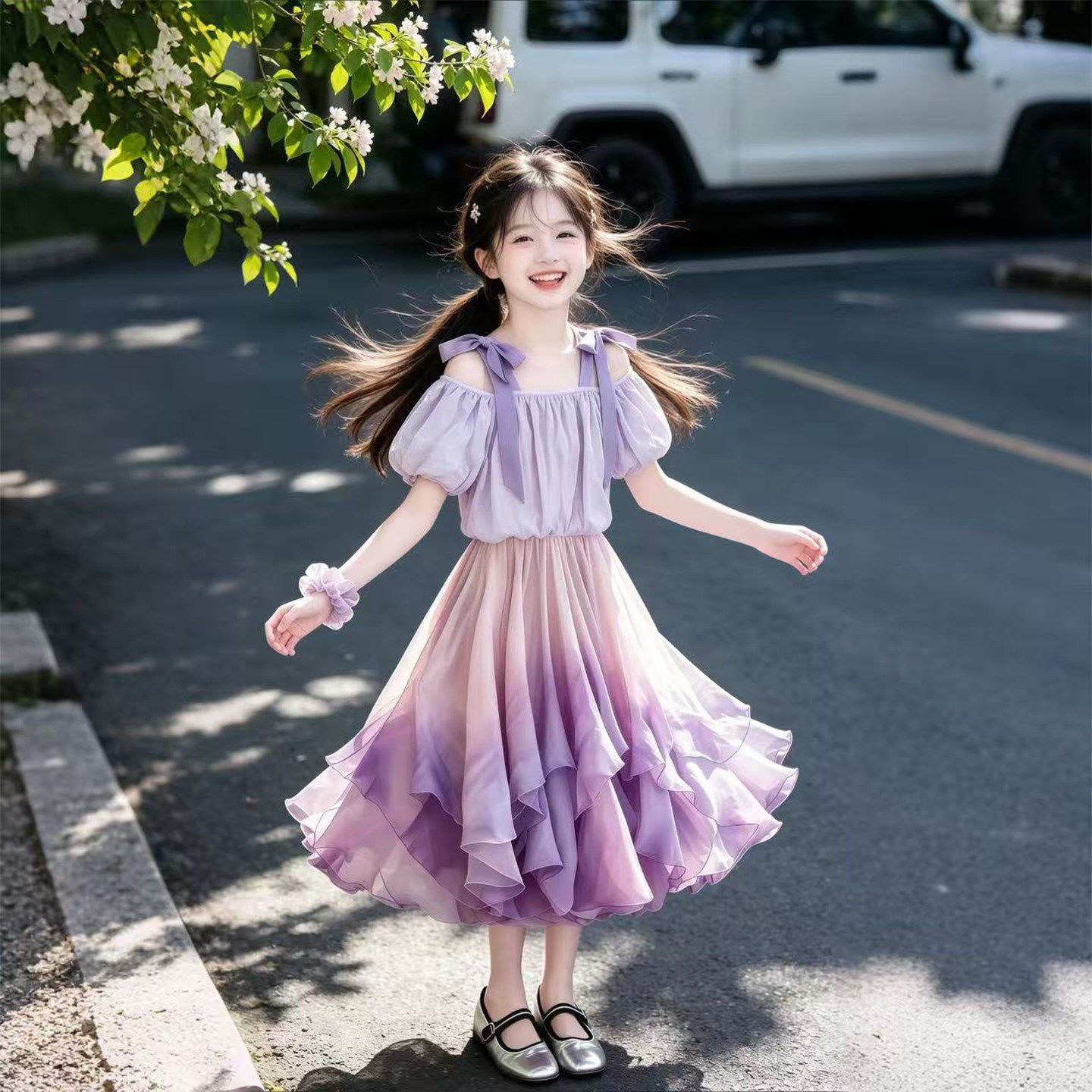 女童高级扎染吊带连衣裙套装2026新款夏季时尚薄款半袖短袖两件套图片