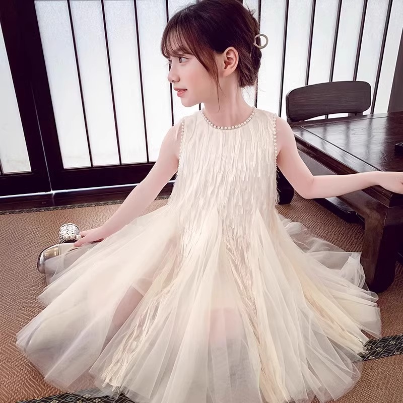 女童夏季连衣裙2025新款小女孩流苏公主裙纱裙背心裙洋气生日礼服