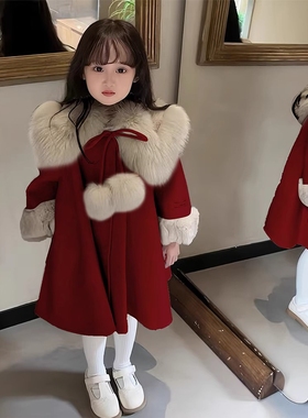 女童毛呢外套2025新款儿童红色年服加绒保暖大衣送礼女孩喜庆外衣