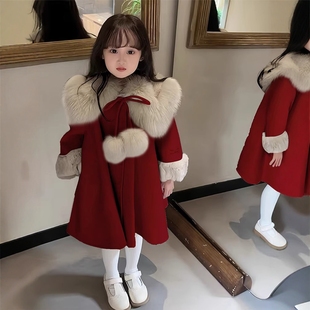 女童毛呢外套2025新款儿童红色年服加绒保暖大衣送礼女孩喜庆外衣
