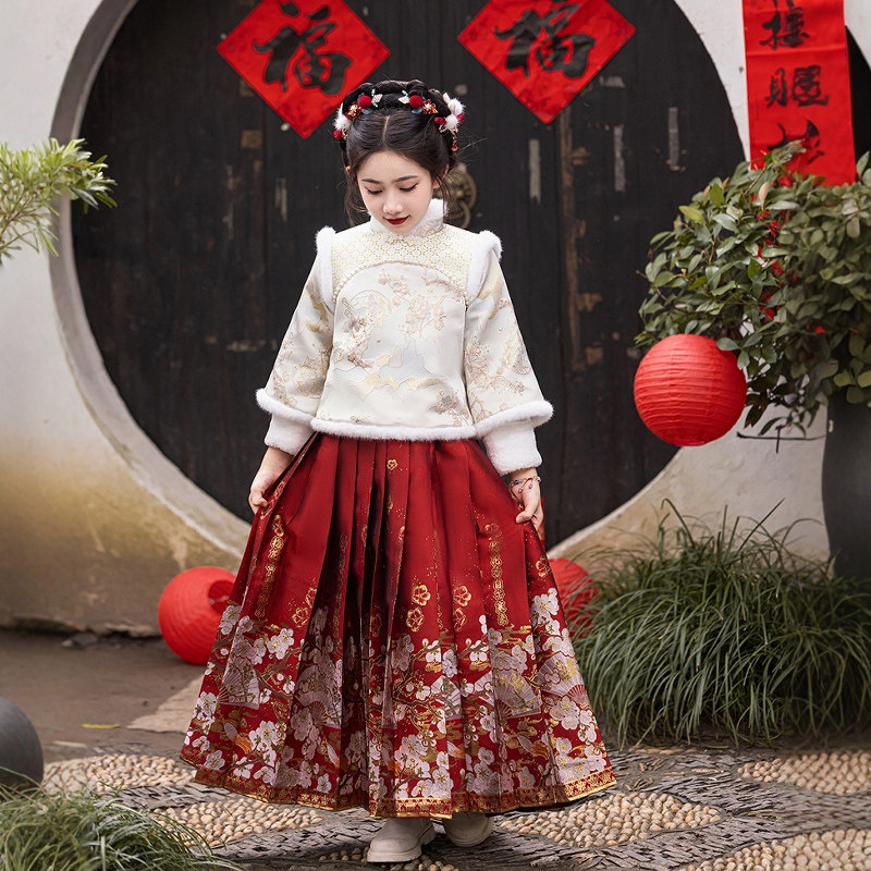 女童秋冬加绒汉服轻奢小众国风百褶裙女孩新年古装加厚分体拜年服,童装/婴儿装/亲子装,汉服,淘宝优惠券,粉丝福利购,淘宝优惠卷