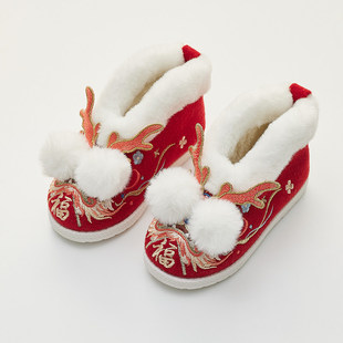 女童汉服鞋冬儿童古风绣花鞋加绒老北京布鞋保暖宝宝手工古装鞋子