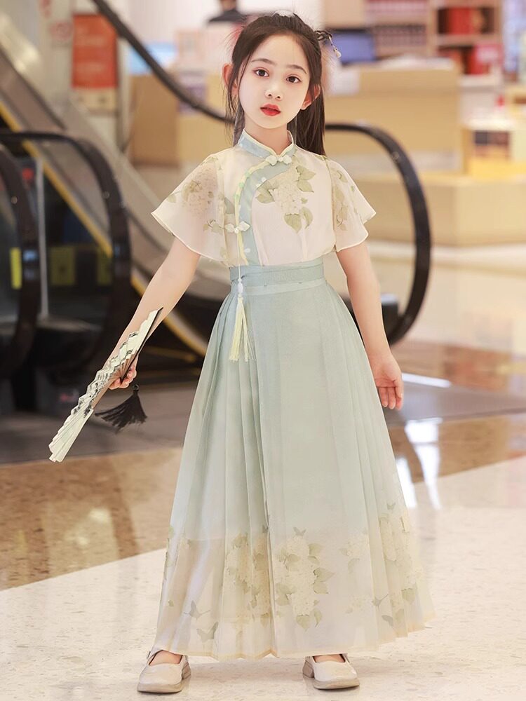 next long马面裙女童新款女孩中国风古装明制唐装儿童青绿色汉服