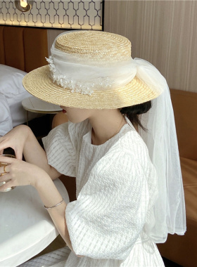 法式复古新娘白色珠花网纱麦秆草帽女夏季时尚潮搭凹造型遮阳帽子