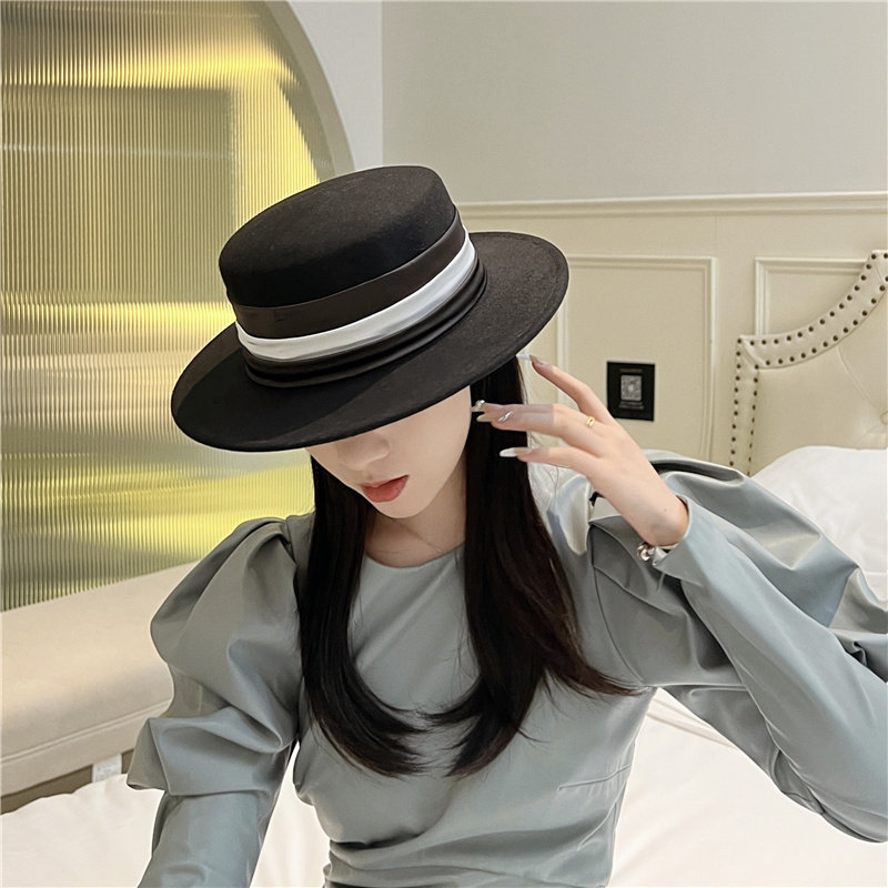 网红同款羊毛呢绸缎拼接织带帽子女秋冬街拍凹造型走秀平顶礼帽潮