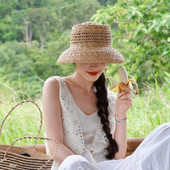 出游遮阳防晒凹顶礼帽潮 拉菲草赫本纸草帽子女夏季 法式 复古内扣式