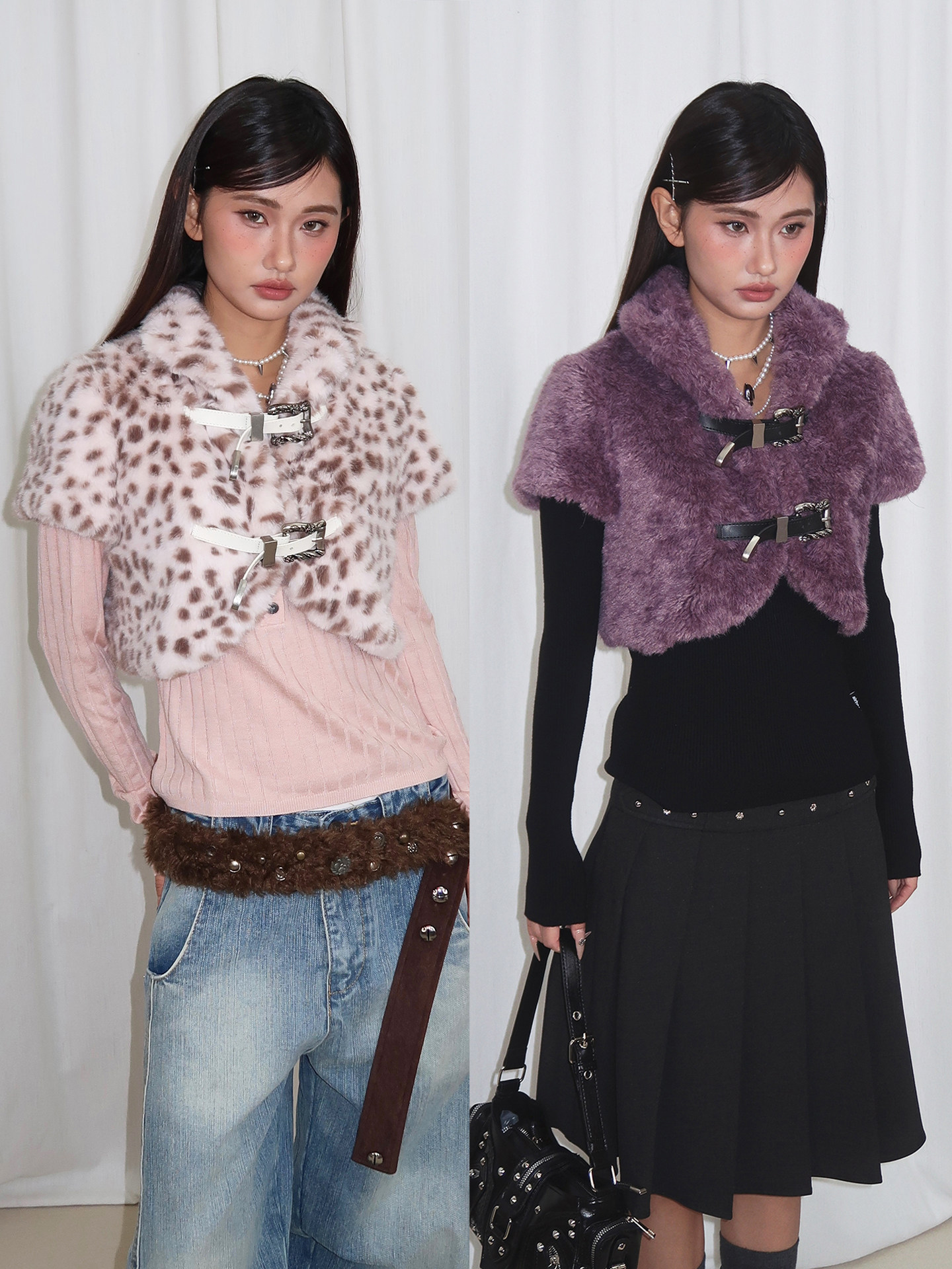 thumbnail for SelfMing Antique Rose Metallic Buckle Leopard Spotted Purple Short Eco-Friendly Fur Short Sleeve Jacket Shoulder