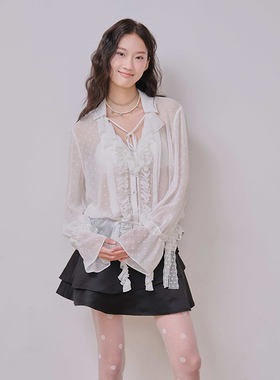 SelfMing波嬉风飘带v领提花波点宽松荷叶边长袖法式浪漫雪纺衬衫
