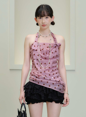 SelfMing天丝莱赛尔波点解构层次假两件挂脖吊带修身上衣