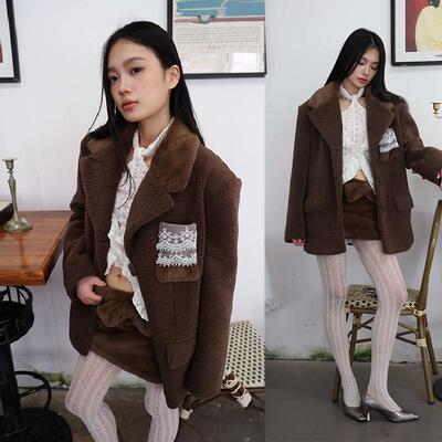 棕色羊羔毛宽松复古西装外套