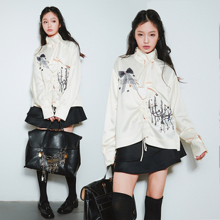 SelfMing 春季 新款 字母印花彩钻领结衬衣 蕾丝蝴蝶结缎面衬衫