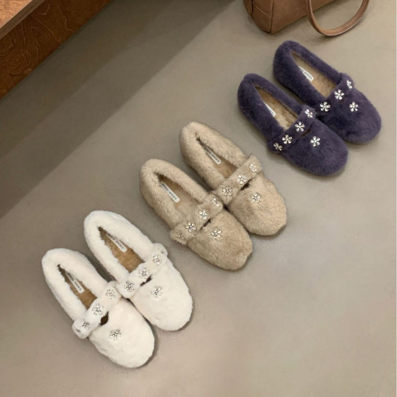 2025新款时尚水钻法式毛毛鞋女鞋子新款秋冬季保暖加绒棉鞋单鞋