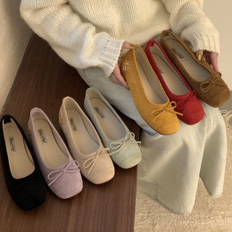 内增高蝴蝶结绒面单鞋女2026春夏新款芭蕾舞鞋刺绣花新中式通勤鞋