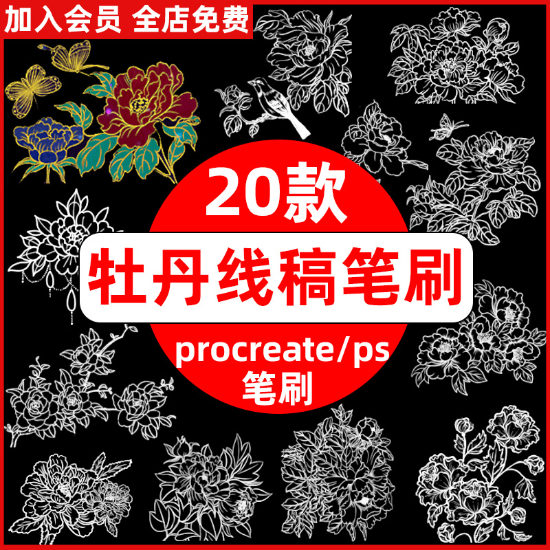 ps鲜花植物花卉花朵笔刷风procreate国画中国笔刷线稿绘画牡丹花