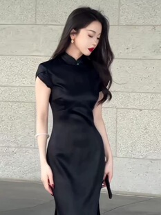 新中式黑色少女改良旗袍女高级感绝美别致短款修身名媛气质连衣裙