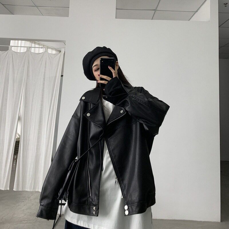 韩式廓形痞帅风显瘦正肩皮衣外套女春秋新款港式宽松休闲夹克上衣