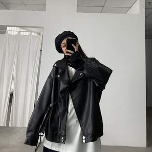 韩式廓形痞帅风显瘦正肩皮衣外套女春秋新款港式宽松休闲夹克上衣