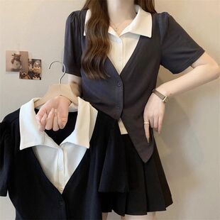 假两件polo领短袖T恤女夏季新款胖美眉正肩显瘦微胖穿搭遮肚上衣