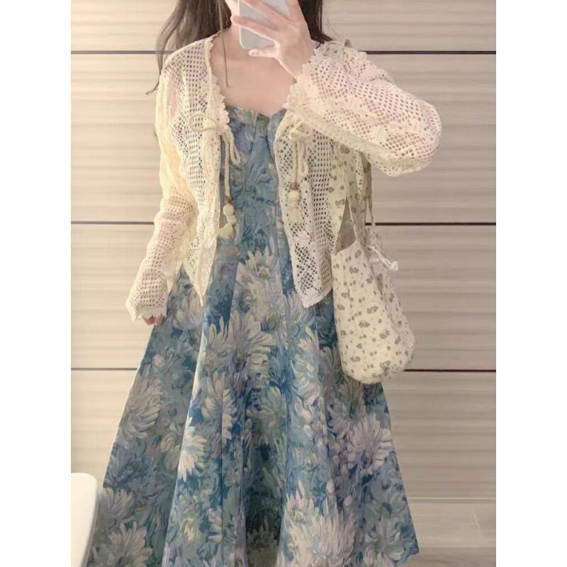 小个子轻熟风遮肚套裙女装夏季吊带小衫外套碎花连衣裙穿搭一整套