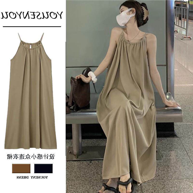 直筒休闲风挂脖式吊带连衣裙女夏季新款小个子宽松显瘦日系背心裙