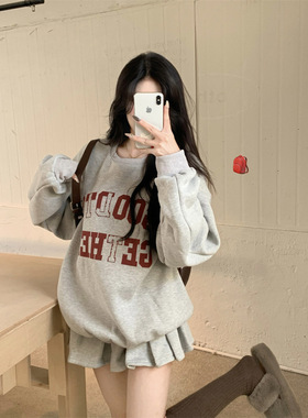 美式灰色时尚套装女字母印花卫衣春秋高腰A字百褶裙半身裙两件套