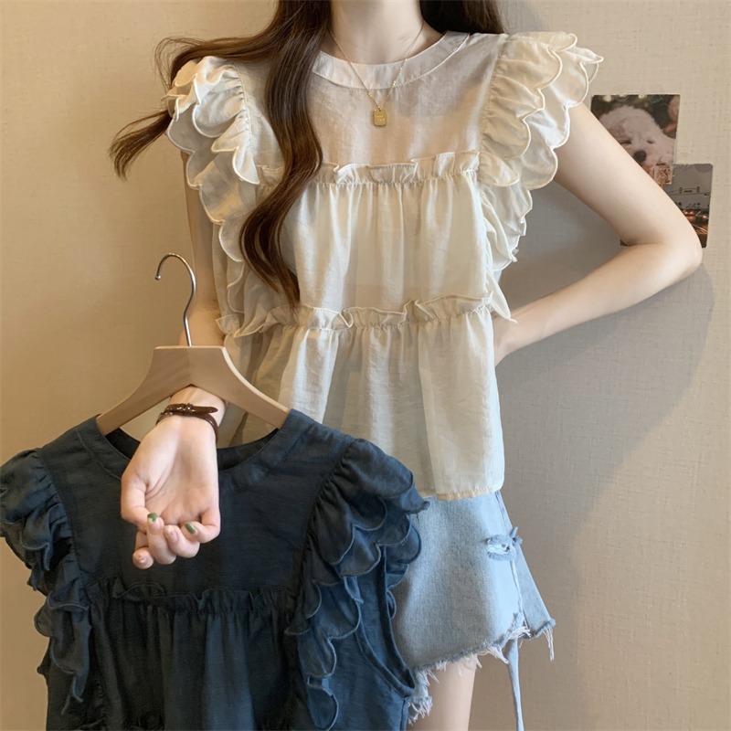 遮肚子法式荷叶边飞飞袖雪纺衬衫