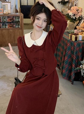 2024春秋新款法式显瘦遮肚垂感长裙子女微胖红色独特假两件连衣裙