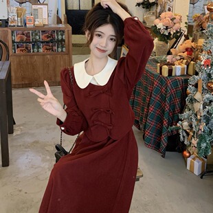 2024春秋新款法式显瘦遮肚垂感长裙子女微胖红色独特假两件连衣裙