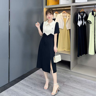 韩式胖美眉微胖POLO领连衣裙夏季新款设计风减龄开叉收腰显瘦裙子