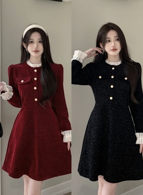 小香风微胖红色独特连衣裙女2024春秋新款拼接收腰显瘦气质短裙子