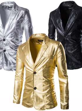 男士街头风烫金西服外套歌手主持人舞台礼服金色银色亮面仿皮西装