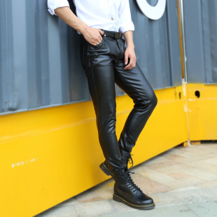 时尚 皮裤 黑色PU小脚裤 潮流机车仿皮裤 男士 防水休闲长裤 高弹力修身