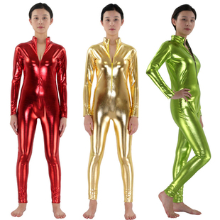 舞台黑衣人隐身衣涂胶金色仿皮拉链连体衣女大码弹力紧身衣机车服
