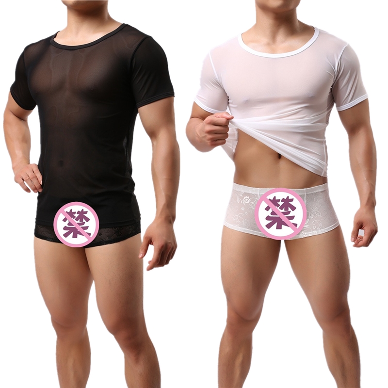 夏季男士网纱透明短袖T恤透气性感弹力修身网布透视上衣夜店服装