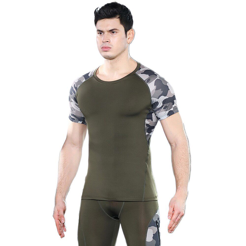 夏季迷彩短袖训练健身服速干透气运动T恤PRO大码弹力跑步紧身衣男
