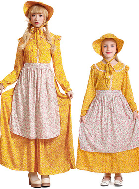 女孩殖民地草原先锋开拓者cosplay服装儿童田园风黄色碎花连衣裙