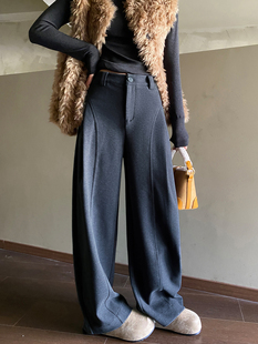 深灰色羊毛呢弯刀阔腿裤女新款冬季加绒加厚醋酸糯米裤垂感西装裤