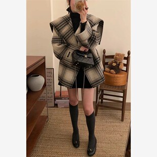 反季新款格子海军领双面羊绒大衣女短款宽松小个子羊毛呢外套