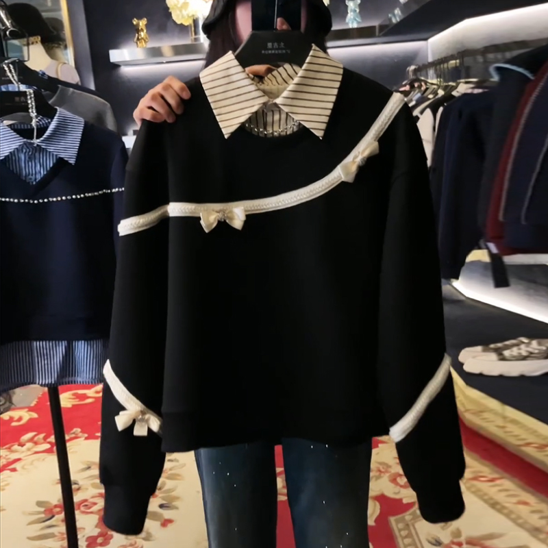 设计感假两件卫衣女2024秋季新款时尚洋气蝴蝶结别致小众外套上衣