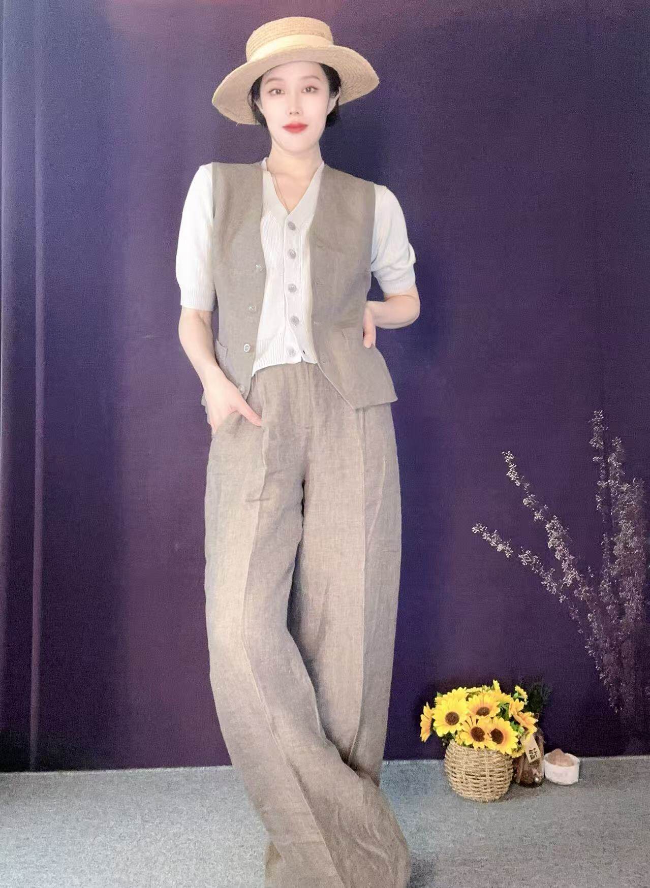 蘑菇英国代购 TYZHURA 经典灰色玉髓扣亚麻马甲 裤子