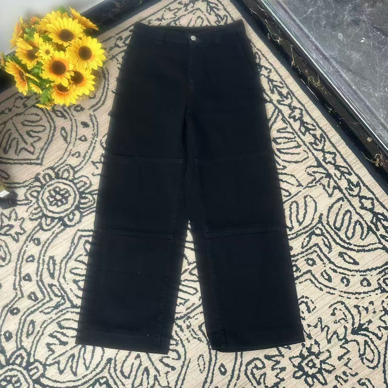 蘑菇英国代 马*拉 黑色九分直筒工装裤 牛仔裤