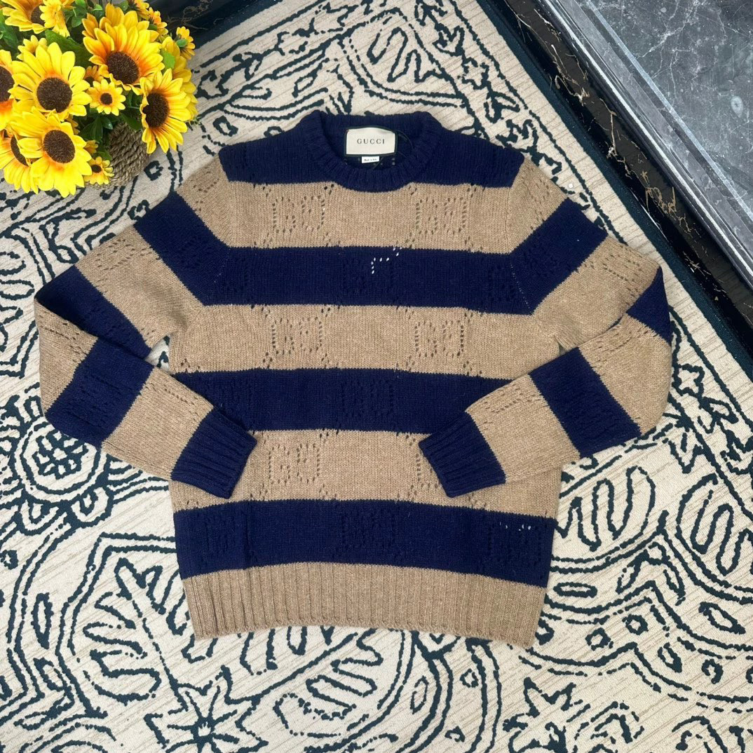 蘑菇英国代 男女同款 蓝色拼浅驼色条纹针织衫 毛衣 XS码胸围108